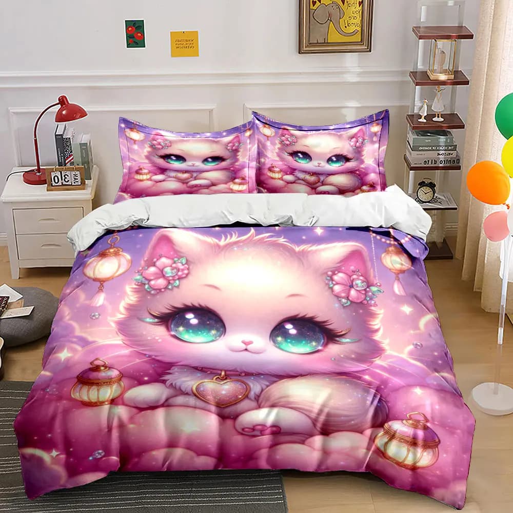 Fantasy Cat with Pink Lanterns Printed Duvet Cover Set1 Duvet Cover+2 PillowcaseMulti Size Bedroom Bedding Decor Luxury gifts