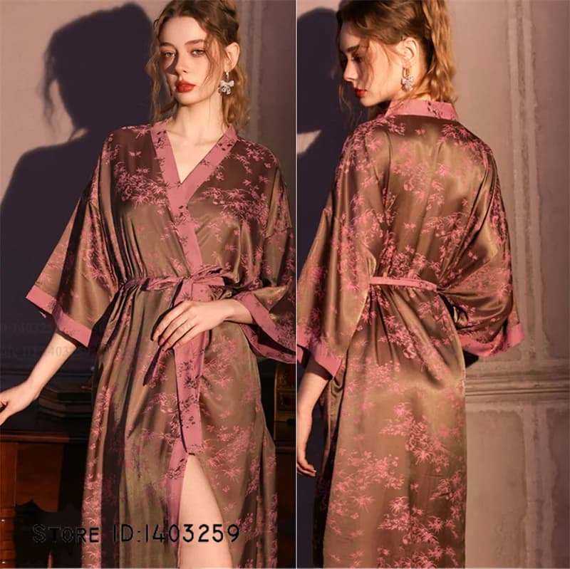 Elegante Vestaglia Lunga da Donna Stile Cinese Jacquard Kimono, Abito da Casa, Lingerie Sexy in Raso, Pigiama, Abbigliamento Comodo per il Relax