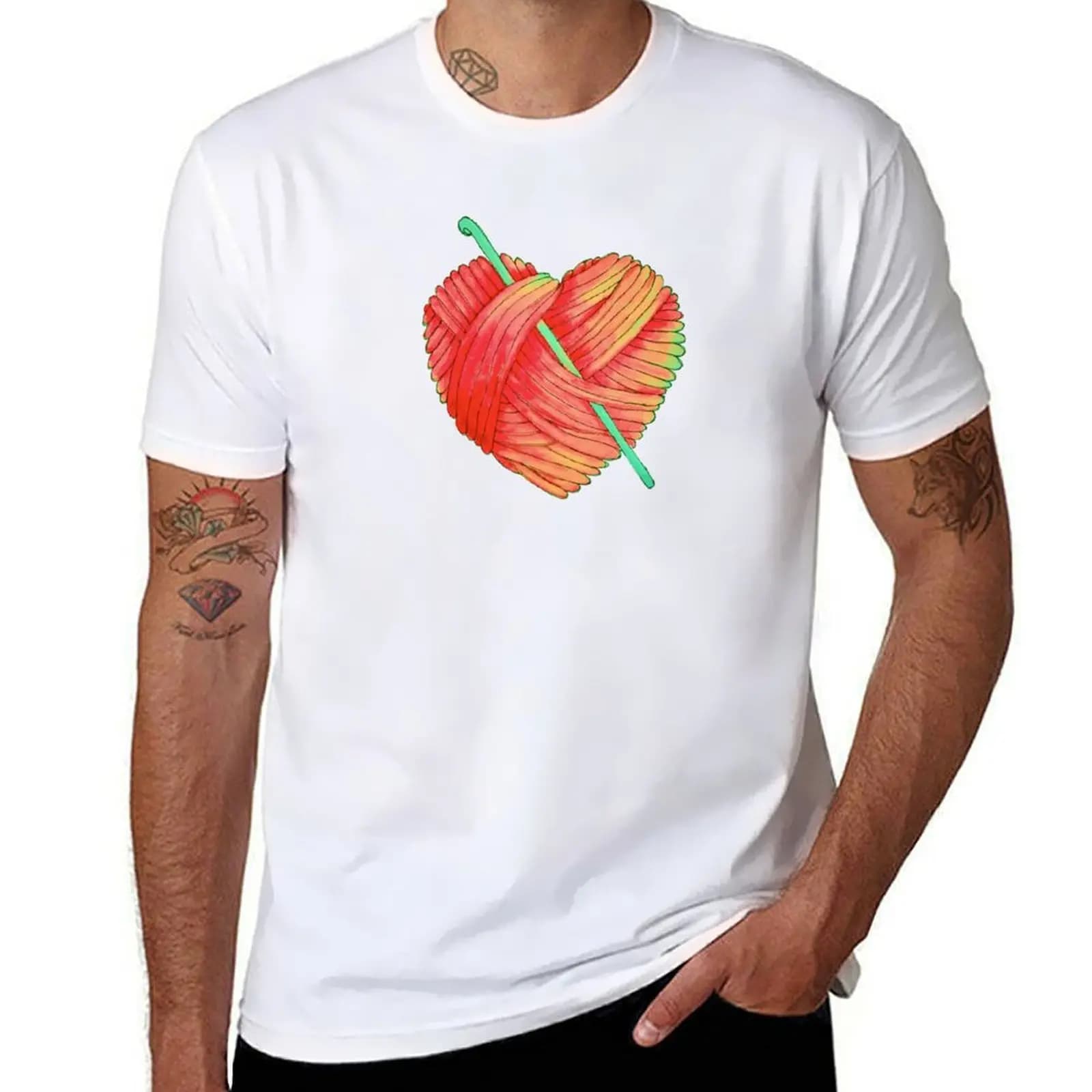 T-shirt da uomo con palla di filato e uncinetto a forma di cuore carino, magliette da uomo in cotone, t-shirt da uomo 100%