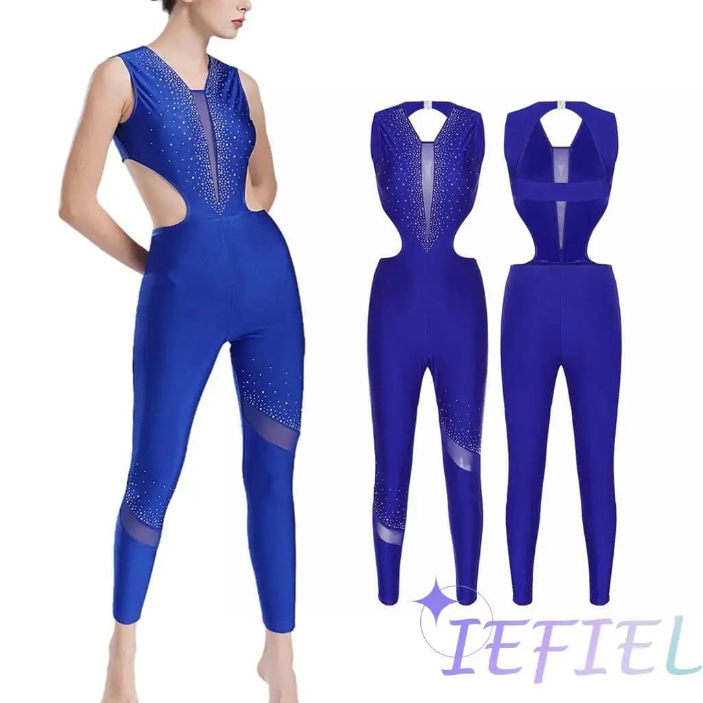Women Sleeveless Shiny Rhinestones Jumpsuit Rhythmic Gymnastics Athletic Unitard Performance Leotard Figure Skating Bodysuit