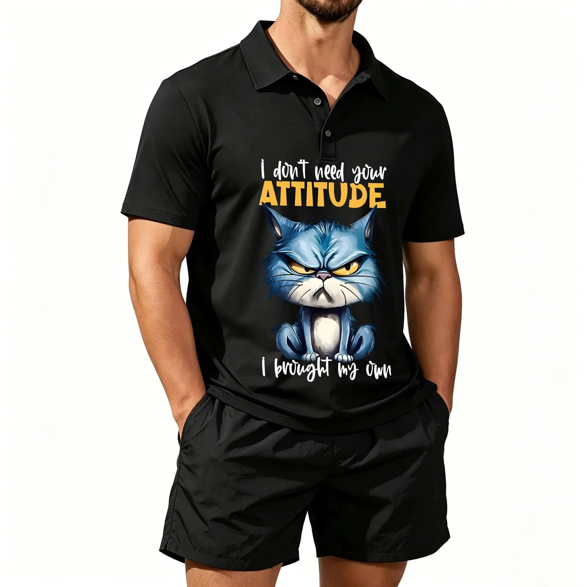 Men's Polo Shirt and Beach Shorts Two-Piece Set, Woven Texture, Blue Cat Cute Print, Casual and Versatile, Comfortable to Wear, Well-Tailored Fit