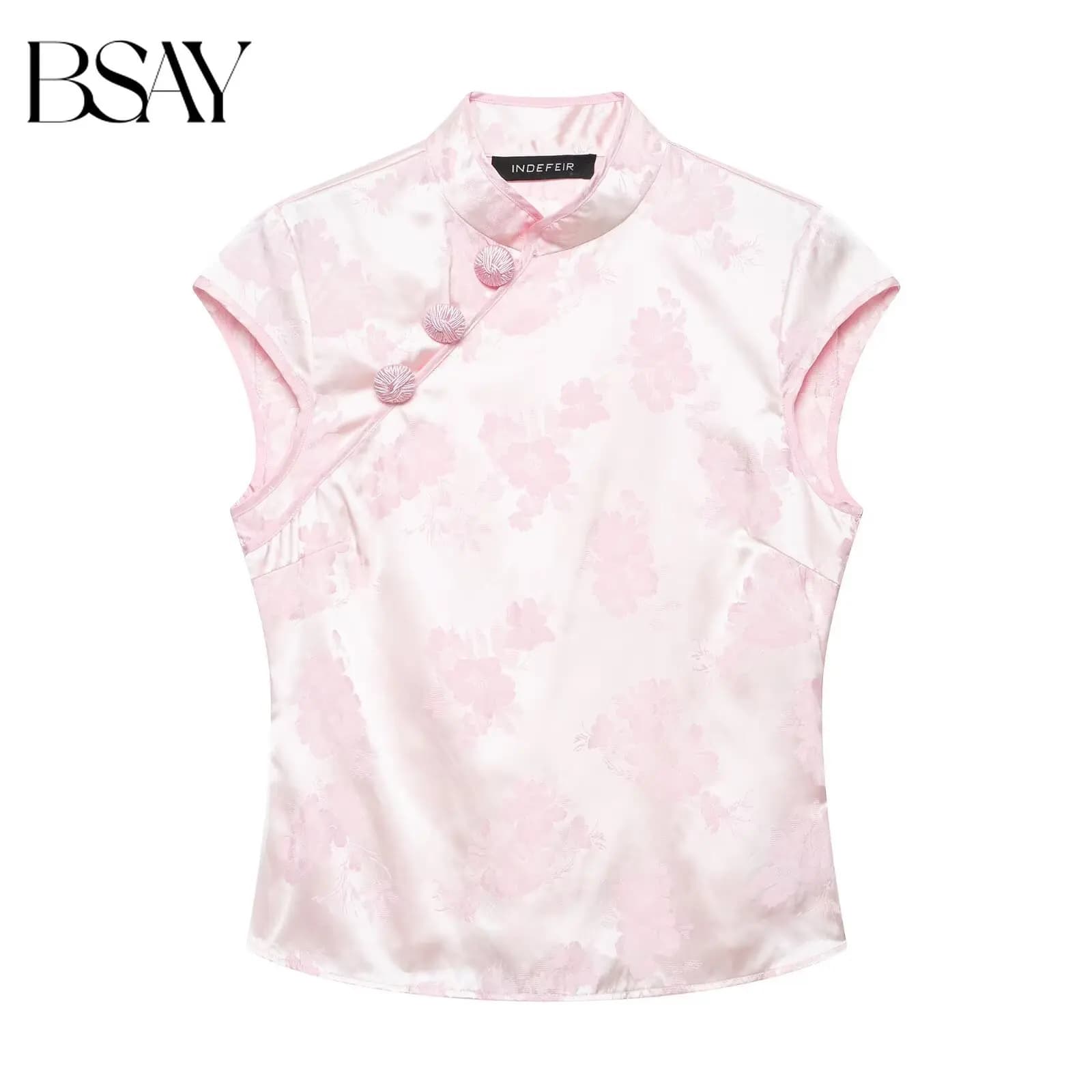 BSAY Chinese Style Floral Jacquard Satin Blouse Women Summer Stand Collar Cap Sleeve Top Elegant Qipao Style Button Down Shirt