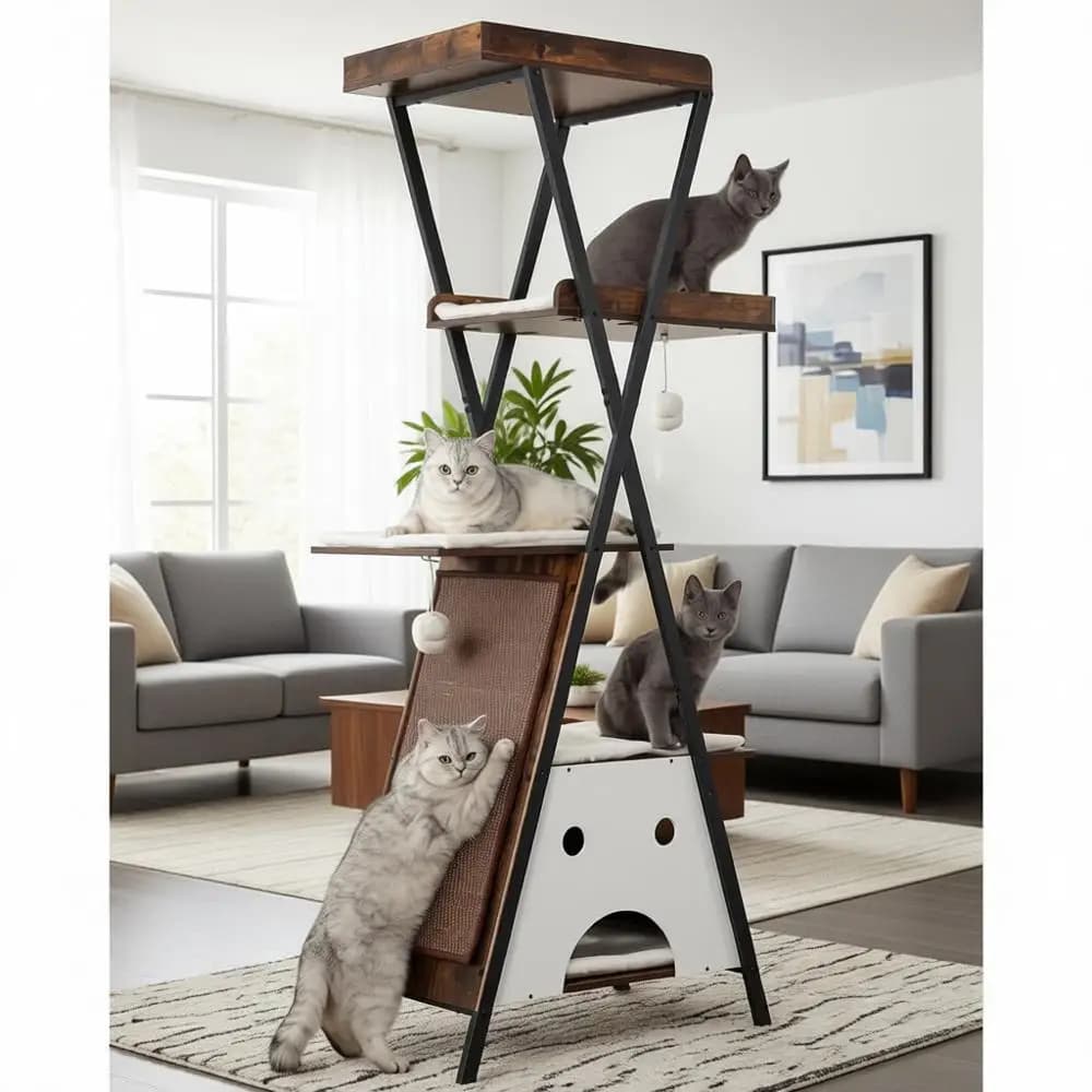 Albero per Gatti in Legno, Torre per Gatti da Interno, Grande per Adulti, 170 cm di Altezza, Multi-Livello, Robusto, con Casette, Mobili, Grotte, Trespoli, Letto e Tiragraffi