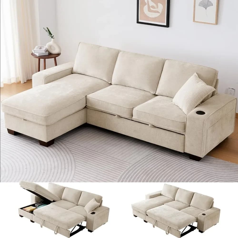 99" L-Shaped Convertible Sleeper Sofa with Storage Chaise, USB Ports, Washable Covers