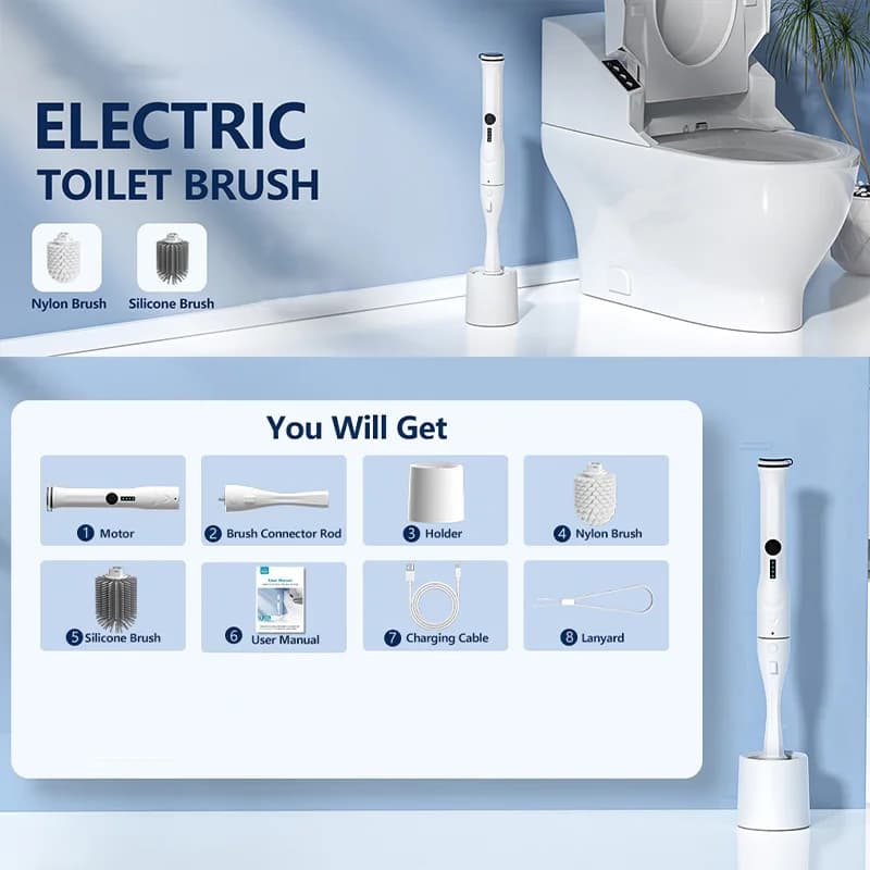 Set Spazzola Elettrica per WC e Supporto 9 in 1, Kit di Pulizia Elettrico per WC con Spazzole Sostituibili in Nylon e Silicone