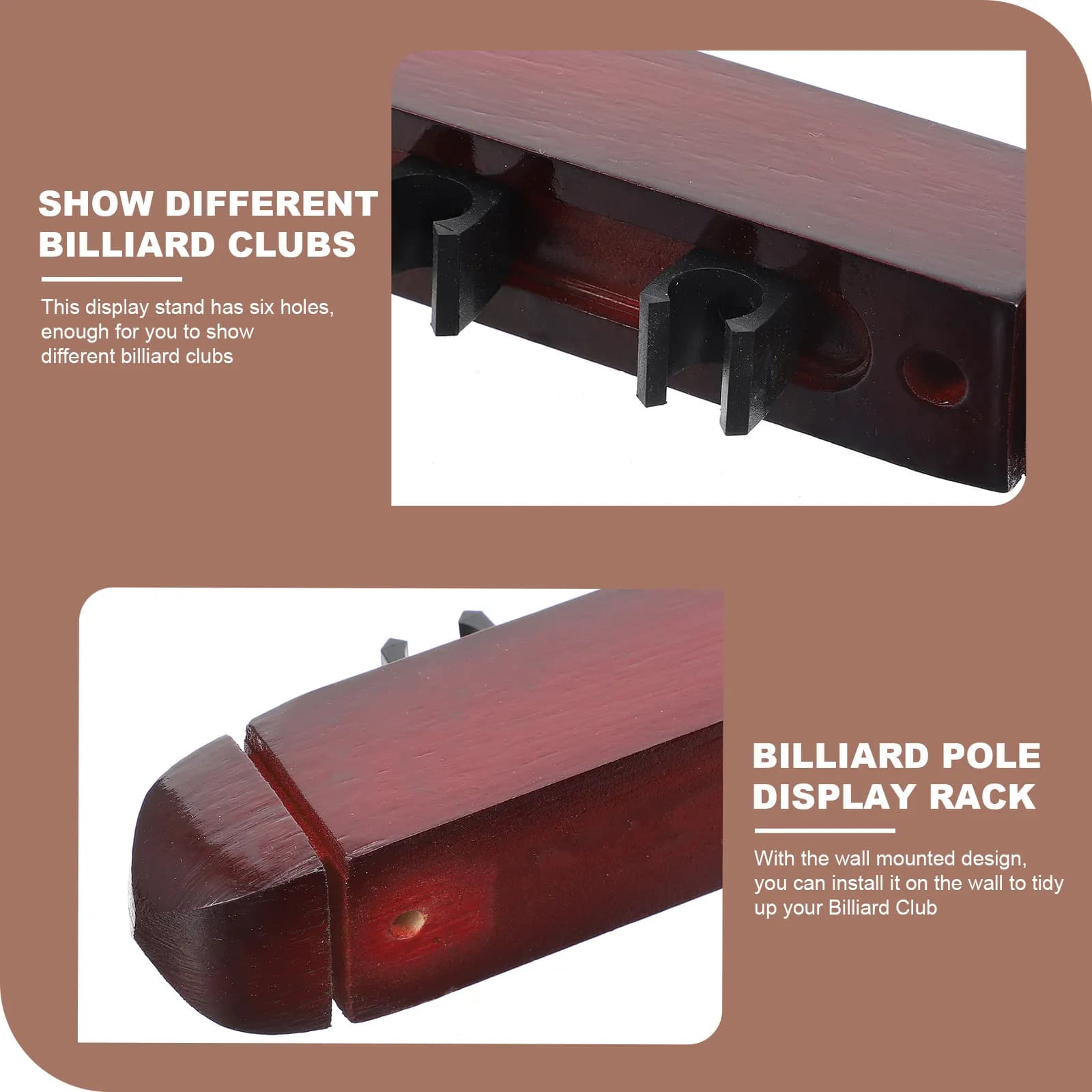 1Set Premium Wood Wall-Mounted Pool Cue Holder 6 Slot Billiard Rod Storage Rack Sturdy Cue Stand for Home Bar Basement Man Cave