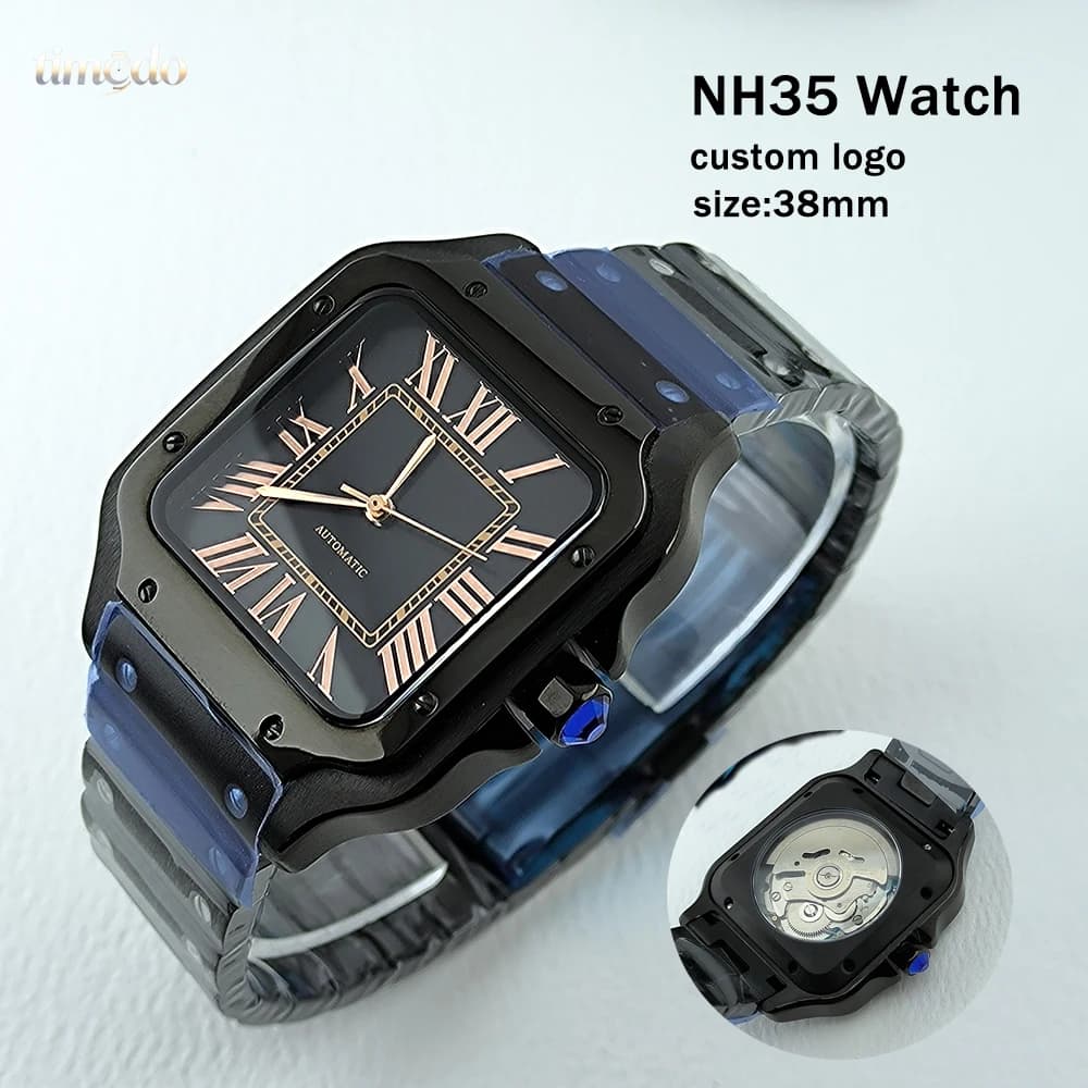 NH35 Black Watch 38mm High Quality Watch Men's Stainless Steel Automatic Watch Customized Logo Suitable for NH35 Movement Watch