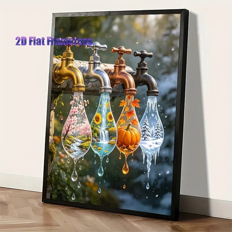 [Professional Art Use] 2D Flat, 1 Set Adult Digital Oil Painting Kit, "Four Seasons Faucet Installation" with Acrylic Paints, Ca
