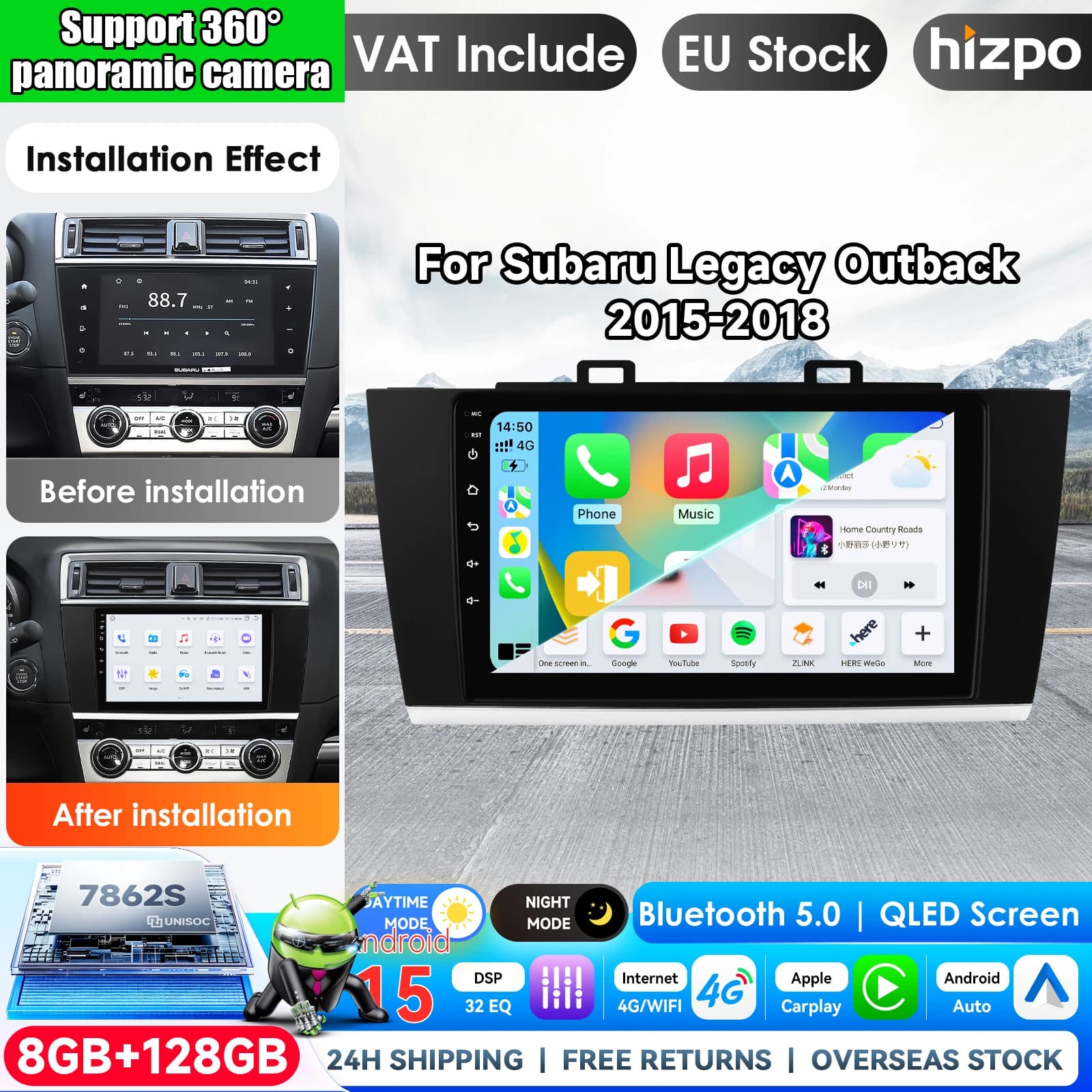Hizpo 9 inch Wireless CarPlay Android Auto Car Radio for Subaru Outback Legacy 2015 - 2018 Multimedia Wireless Apple CarPlay Smart Intelligent Systems IPS Touch Screen Stereo Video Player 2 Din Autoradio Head Unit Navigation BT GPS 4G WIFI FM AM DSP RDS
