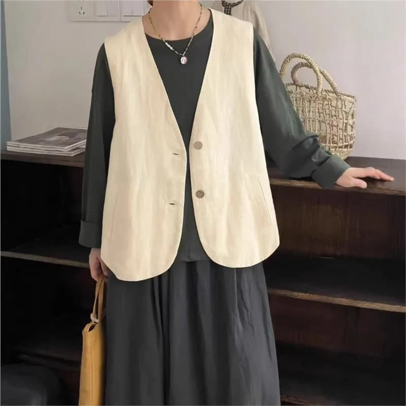 Giacca gilet in lino vintage Johnature per donna Nuovo gilet con scollo a V a strati versatile casual allentato stile autunnale