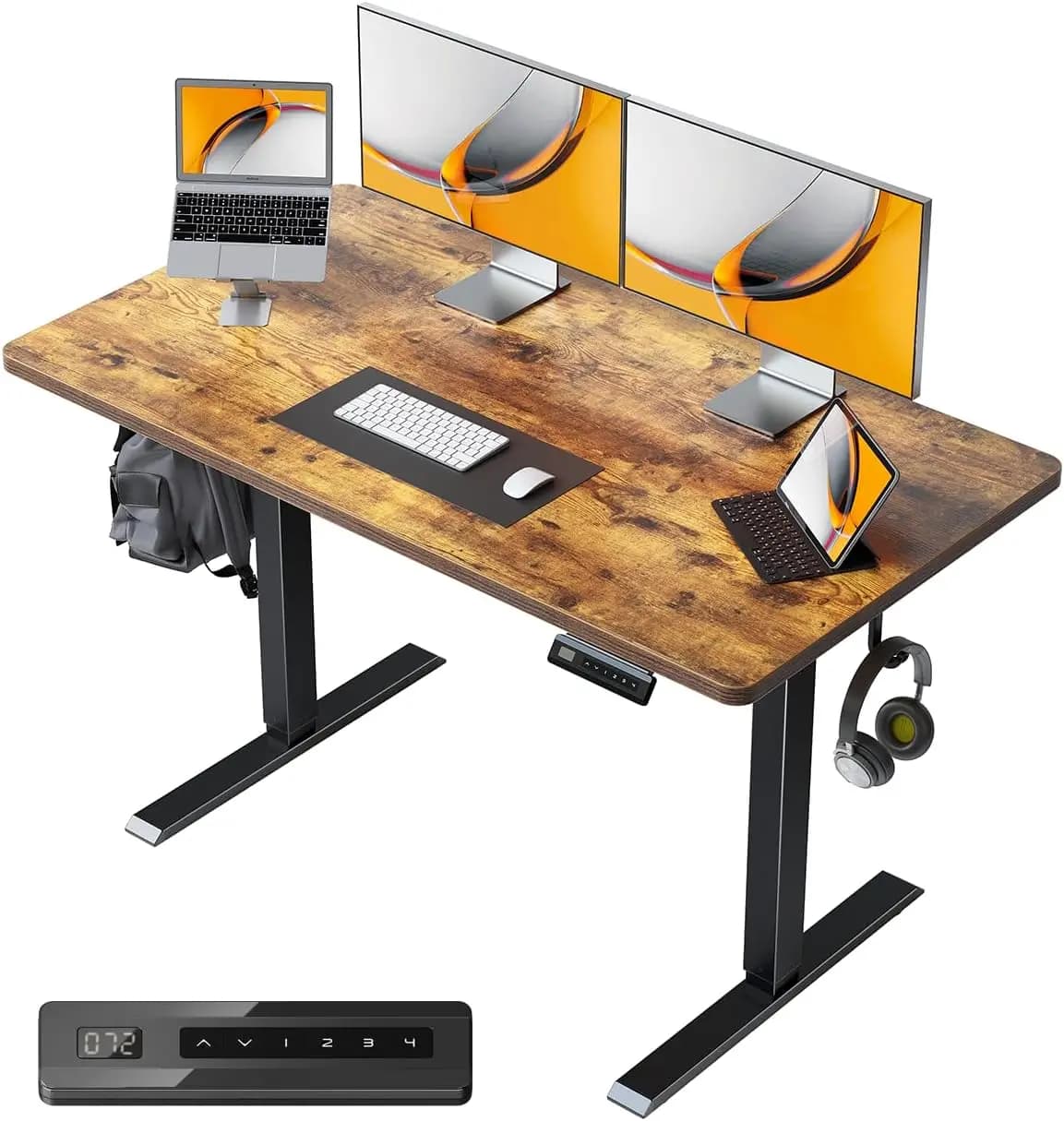 Electric Standing Desk 40 x 24 Inch, Small One-Piece Height Adjustable Sit-Stand Workstation for Home Office Computer, 4 Memory Presets, Headphone Hook, Rustic Brown
