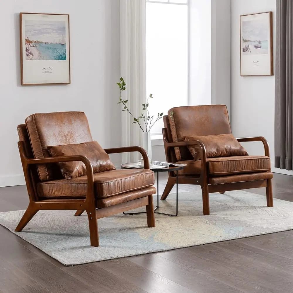Set di 2 Poltrone da Soggiorno - Comode Poltrone in Legno Massello con Cuscini Lombari, Rivestimento in Pelle Marrone per Salotto
