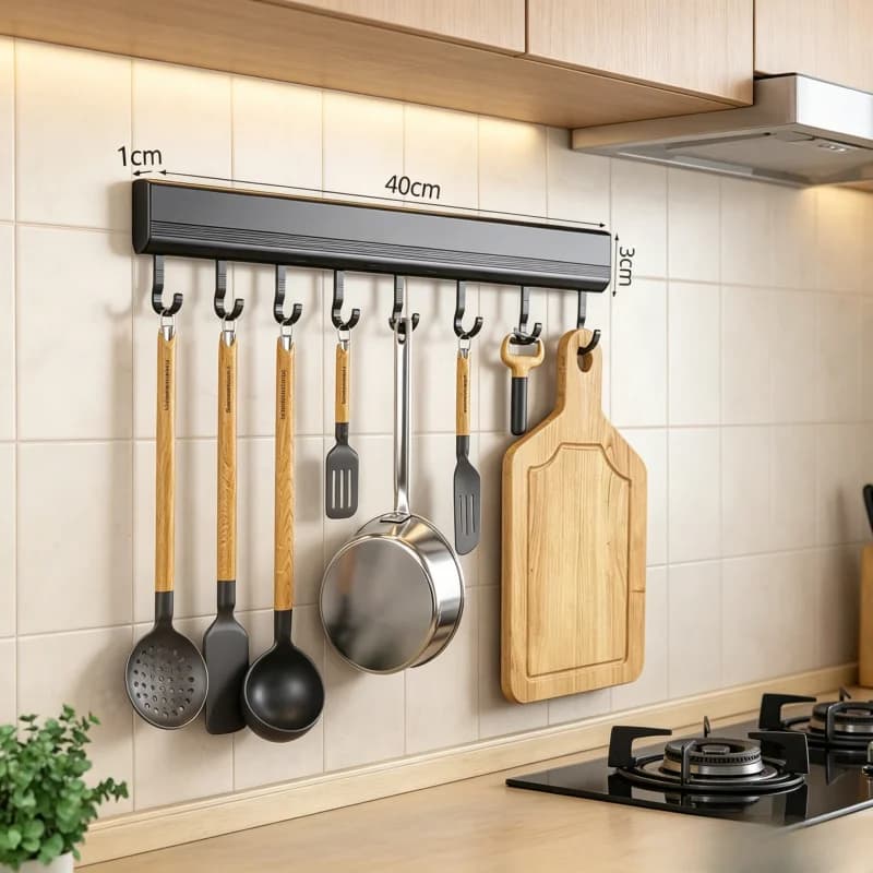 Punch-Free Aluminum Wall Hook Rack, Multi-Functional Space Saving Kitchen Storage Row Hook Holder