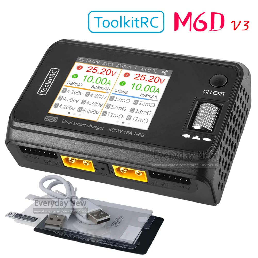 ToolkitRC M6D V3 Caricabatteria al litio a 2 canali DC 500W 15A 1-6S ISP Telecomando da 2,4 pollici Modello giocattolo Accessori per auto FPV