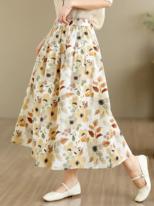 Casual Printed Elastic Waist Slimming Half Skirt Versatile A-Line Long Skirt Breathable Skin-Friendly Summer New Arrival