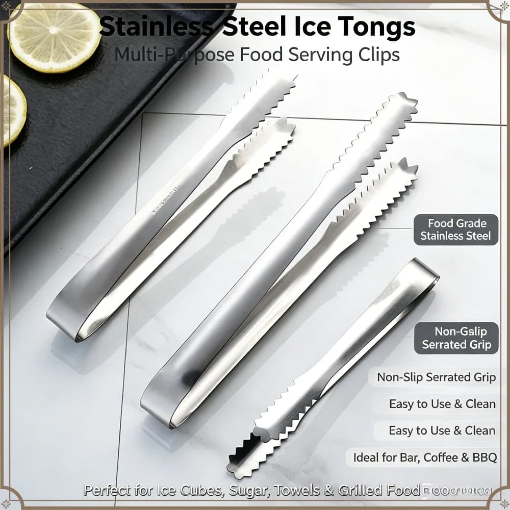 Stainless Steel Ice Tongs, Multi Purpose Food Serving Tongs for Ice Cubes, Sugar, Bar Cocktail, BBQ Grilling, Coffee, Towel Buffet Catering