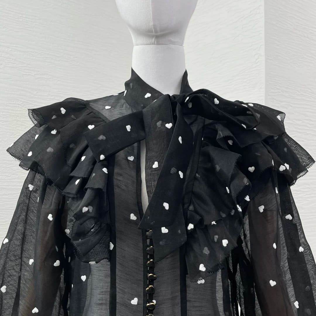 Sexy silk 2025 new pink heart shape polka dots black print volant sleeve lantern blouse with bow and mini ski cake