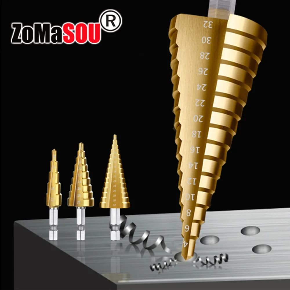 3-12/4-12/4-20/4-32mm HSS Step Drill Titanio Placcato Codolo Esagonale Scanalatura Diritta Pagoda Trapano Strumento di Perforazione Set di Accessori