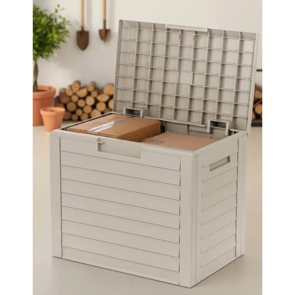 Scatola portaoggetti da esterno da 35 galloni, con serratura, impermeabile, resistente ai raggi UV, per patio, attrezzi da giardino, cuscini, durevole, beige