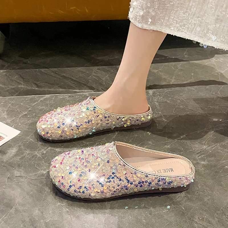 Eleganti Ciabatte con Paillettes da Donna, Sandali Estivi con Suola Piatta per Abiti Eleganti