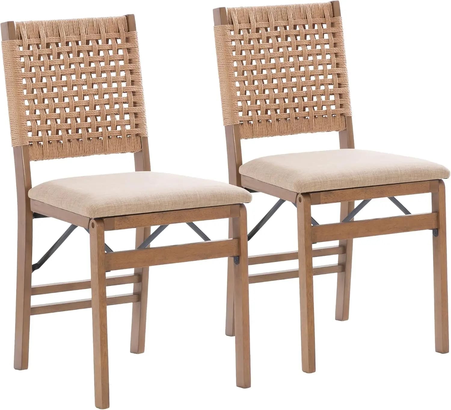 Folding Dining Chair Set Wood Kitchen Chair Woven Rope Back Cushion Seat Armless Dining Room Furniture Indoor Living Room Chair Natural Wood