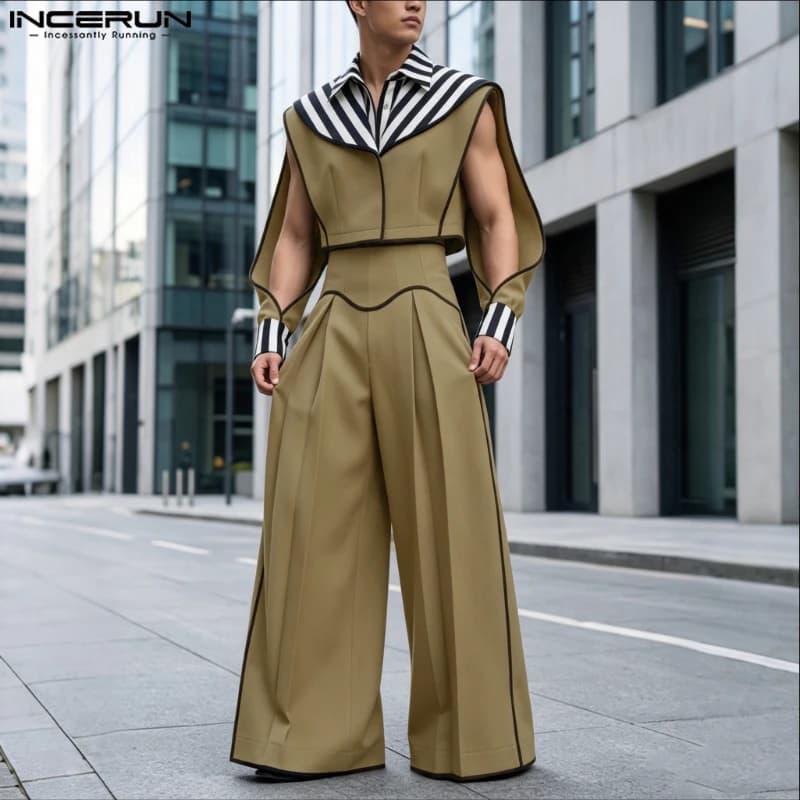 INCERUN Men Sets Patchwork Color-block Split Long Sleeve Crop Jackets Wide Leg Pants Two Piece Sets Streetwear Men Matching Sets