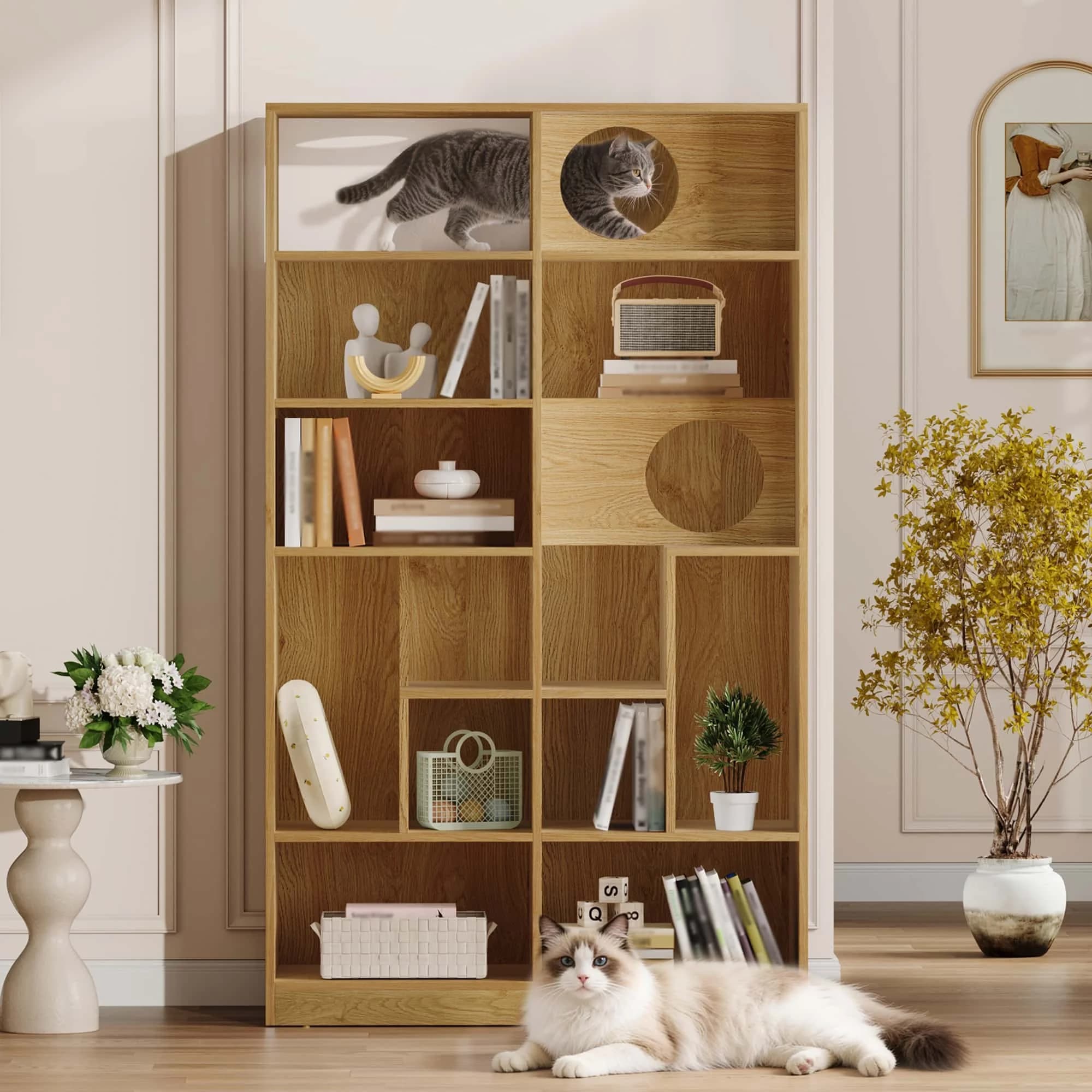 Modern 2-in-1 Bookshelf Cat House | Vertical Space-Saver for Living Rooms/Beds - Multi-Tier Storage + Hidden Litter Box Enclosure | Premium MDF with Anti-Scratch Finish | 63.5"H x 35.4"W x 15.7"D - Small Spaces Perfect