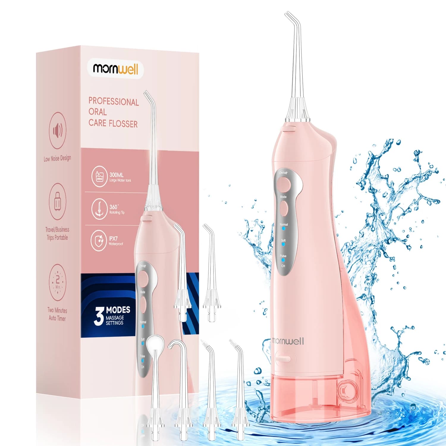 Mornwell Nuovo D52 Idropulsore Ricaricabile Portatile 300ML 4 Ugelli Impermeabile Irrigatore Orale Pulitore per Denti