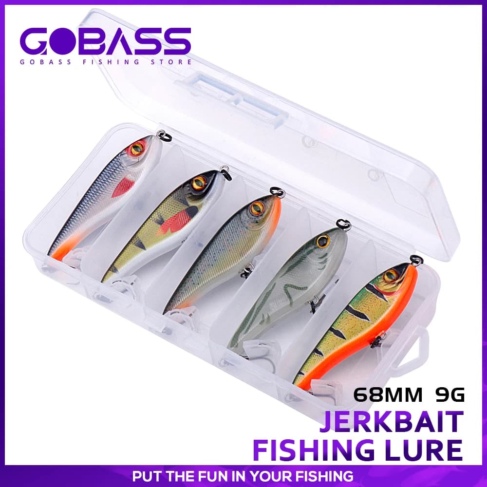 GOBASS 5 pz/scatola Affondamento Jerk Bait Minnow Esche Artificiali Kit 68mm 9g Cursore Jerkbait Crankbait Richiamo di Pesca Set Di Wobblers