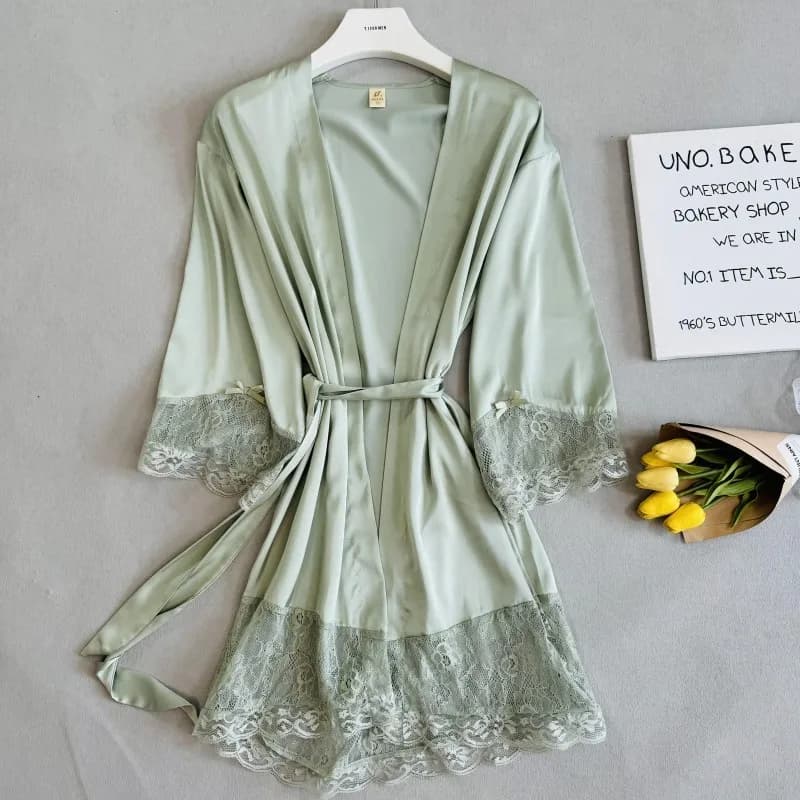 Dress Green Elegant Lace Hem Dress Bathrobe Night Dress Woman Rayon Homewear Intimo Lingerie Bridal Dress Pigiama
