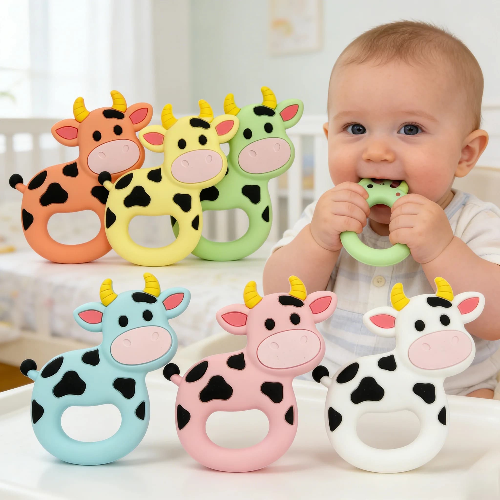 Set di massaggiagengive e clip per ciuccio a forma di mucca, in silicone alimentare senza BPA, giocattoli da masticare per neonati in fase di dentizione