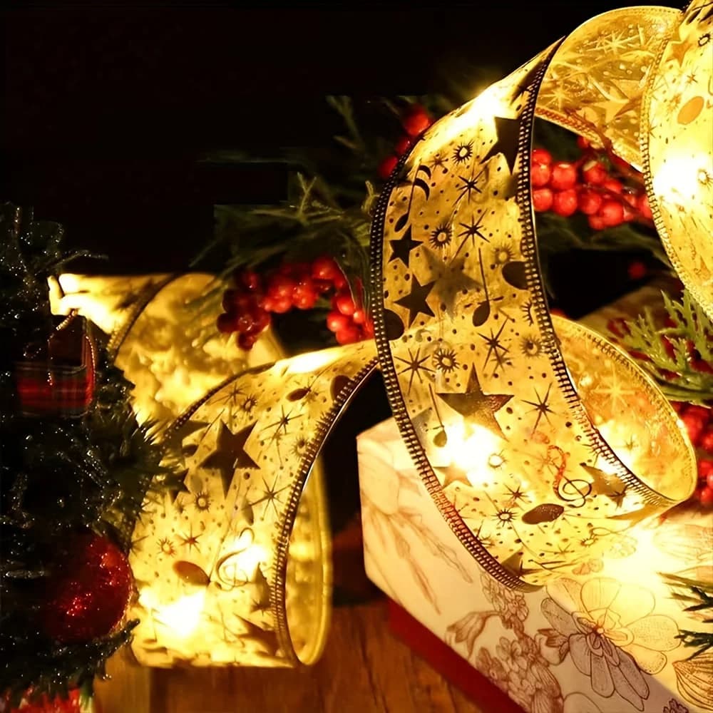 2/5/10M Christmas Tree Ribbon Fairy Light, Indoor DIY Bows String Lamp Battery Powered for Bedroom Christmas Tree New Year Decor