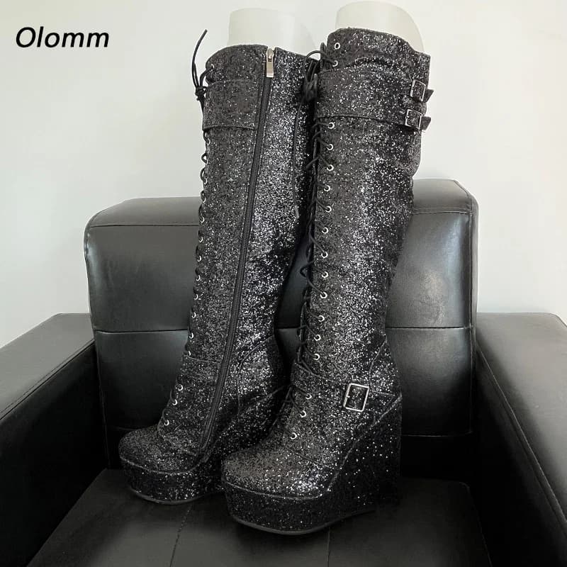Olomm Stivali invernali da donna con plateau alti al ginocchio Stivali glitterati sexy Tacchi alti a spillo Punta tonda Belle scarpe nere da donna Plus US Size 5-20