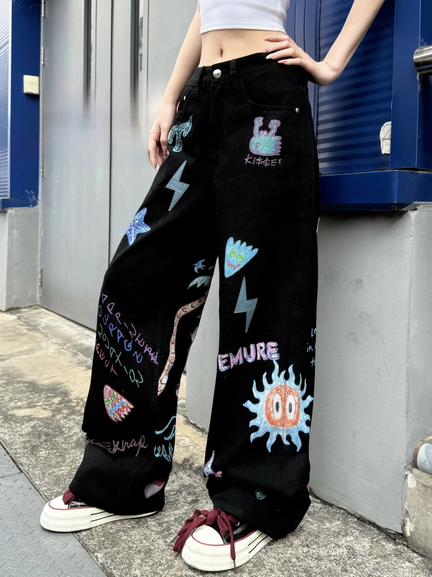 Fun Graffiti Lightning Wide Leg Jeans Men's Summer Street Style Casual Fashion Urban Cotton Denim Non-Stretch Straight Cut