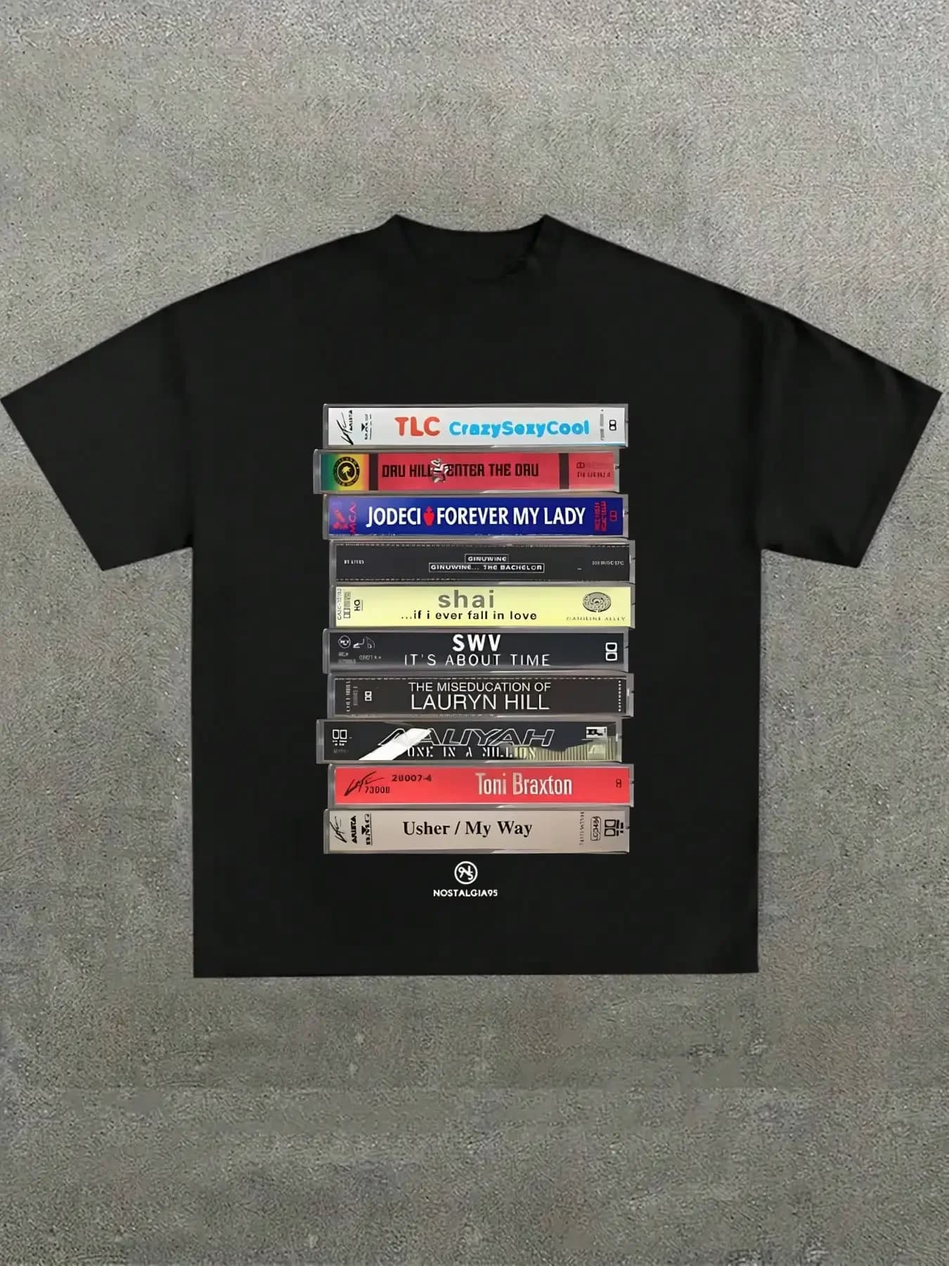 Plus Size 90s R&B Cassettes Tribute Black T-Shirt,Casual Digital Print Pure Heavy Cotton T Shirt,220g Cotton T-Shirt,Gift,Summer,Unisex