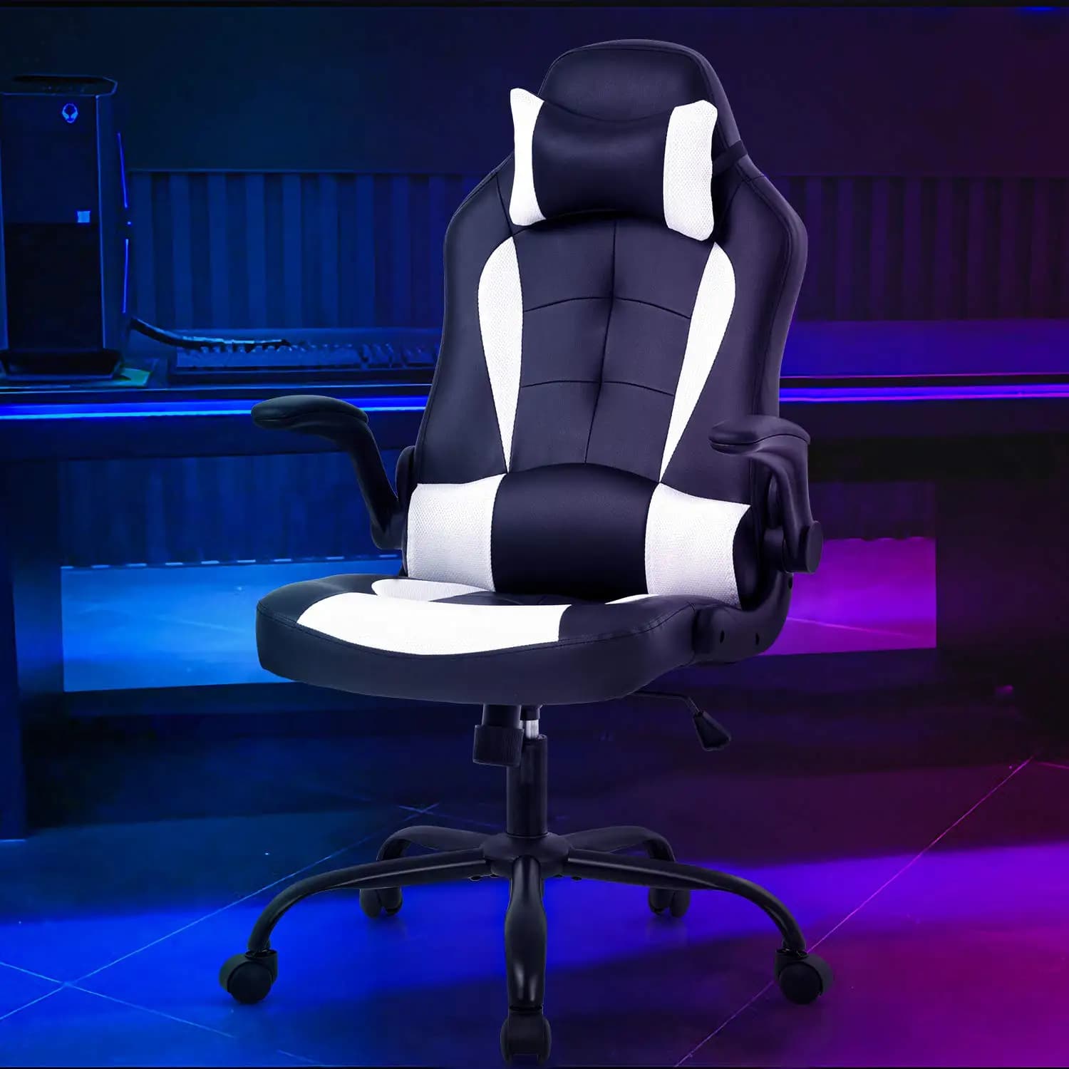 Sedia da Gaming Ergonomica con Schienale Alto in Pelle PU Bianca, Cuscino Lombare Regolabile, Poggiatesta, Base Girevole e Ruote