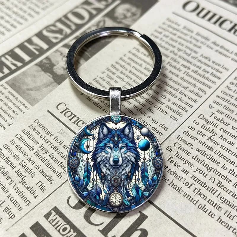 Boho Stained Glass Round Keychain, Wolf Dreamcatcher House Lighthouse Cow Bee Fairy Hummingbird Glass Cabochon Key Ring Gift