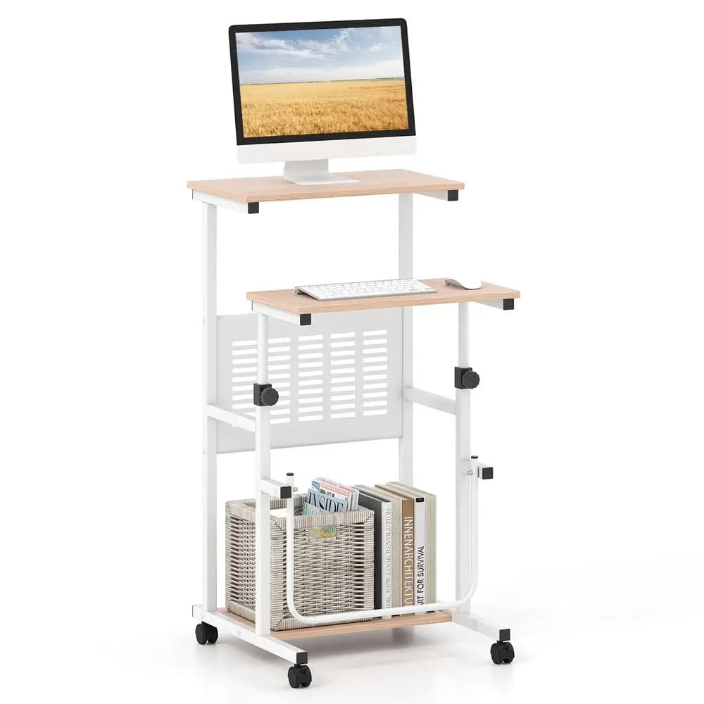 Scrivania Regolabile in Altezza, Scrivania Mobile con Ruote e Ripiano Portaoggetti, Tavolo Portatile per Laptop con Poggiapiedi, Pannello in Rete, Blocco di Sicurezza