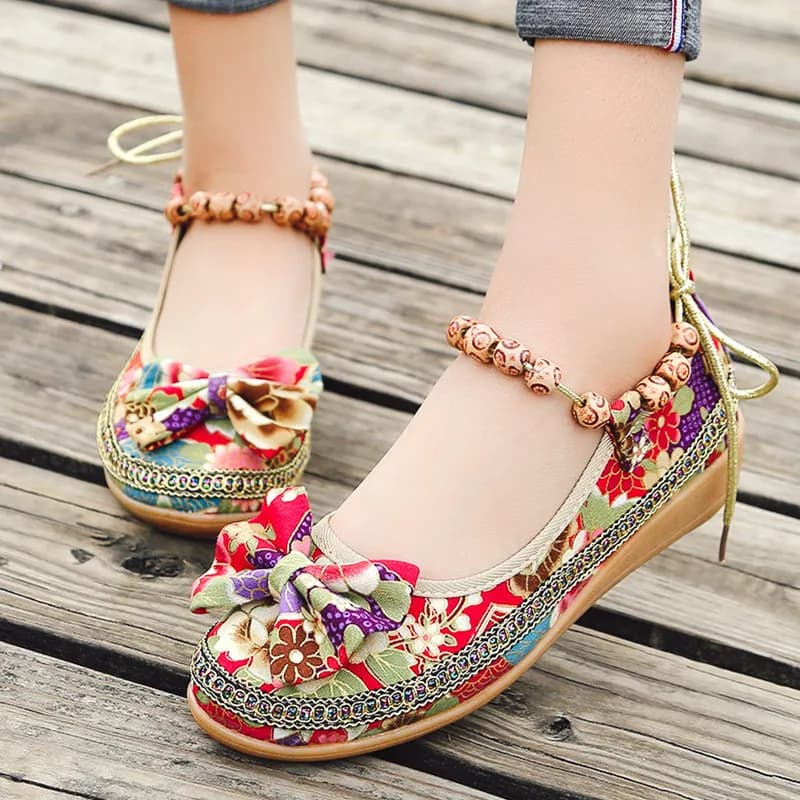 Ethnic Folk Style Ladies Floral Wedge Shoes Bow Ornament Wooden Beads Lace Up Ankle Strap Hanfu Daily Walking Shoes