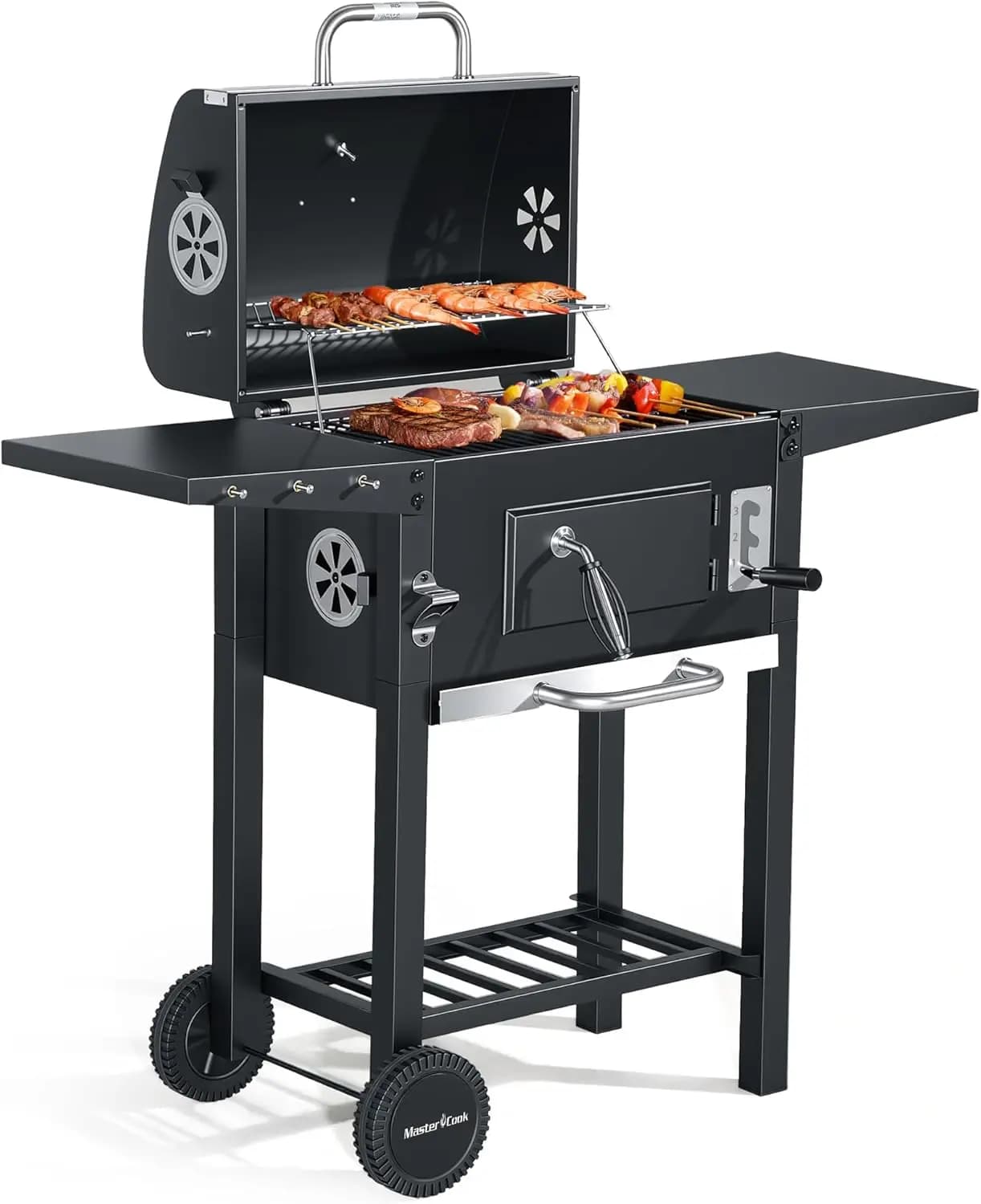 Griglie a carbone con due tavolini laterali pieghevoli, griglia per barbecue da esterno da 18 pollici per campeggio, feste in cortile, patio, picnic,