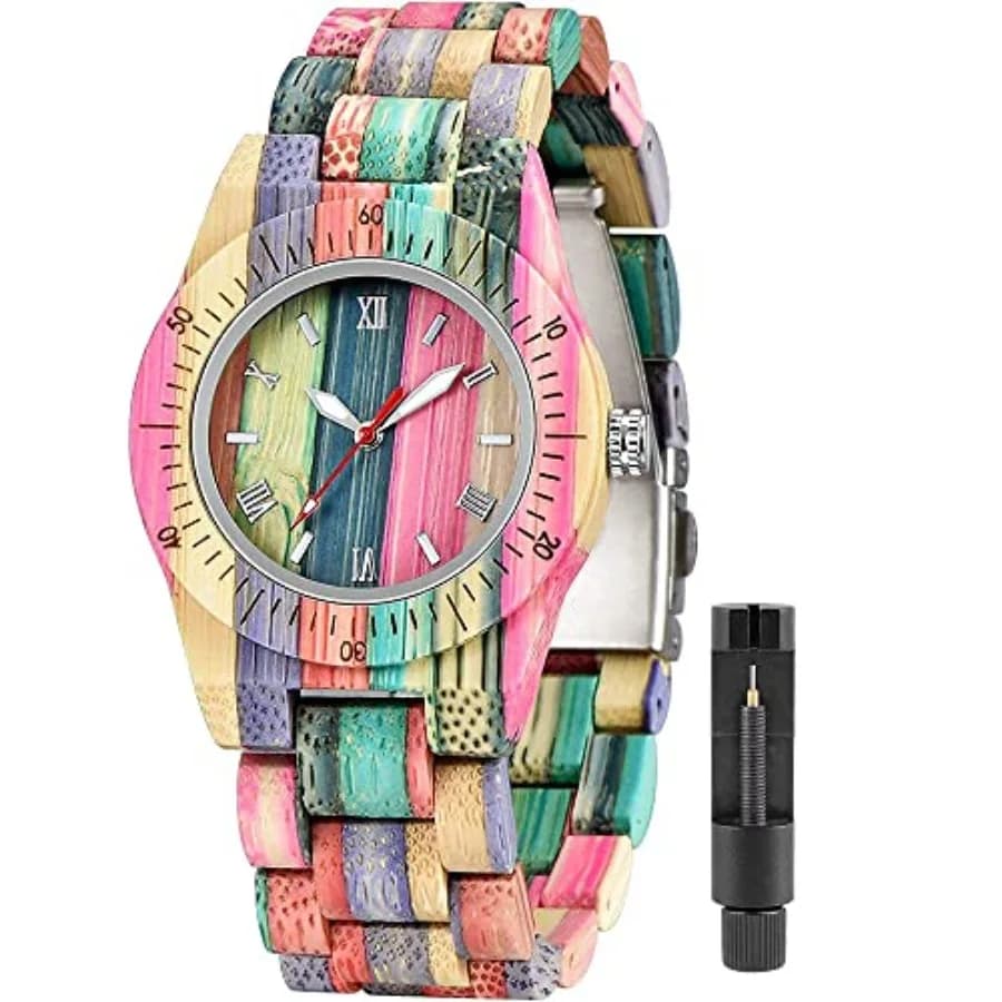 Tiong Womens Wooden Watch with All Wood Strap Analog Classic Design Colorful Bamboo Ladies Watches for Women, Couples