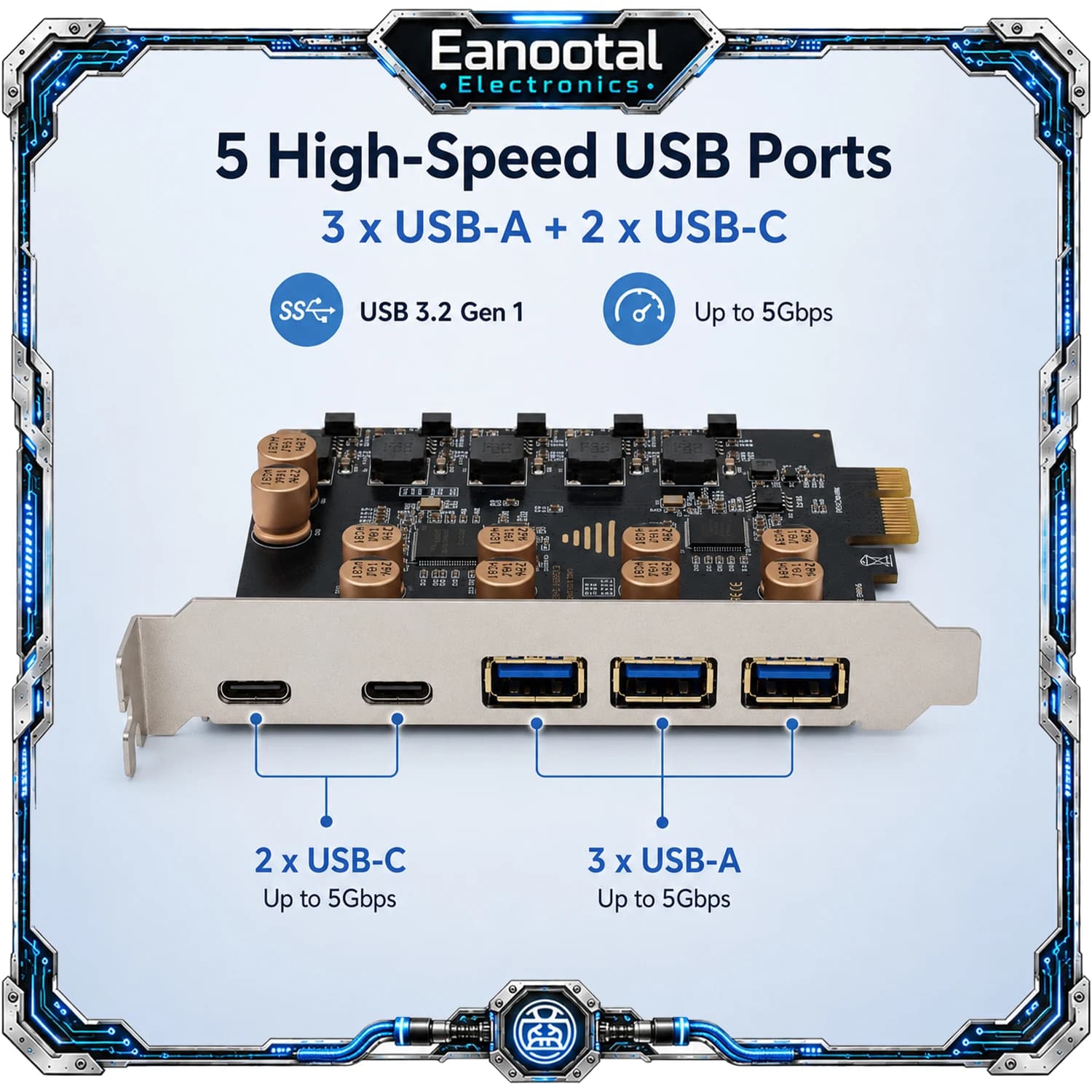 PCIe X1 USB 3.0 Expansion Card with 3 USB-A and 2 USB-C Ports for Desktop Computer PCIe X4 X8 X16