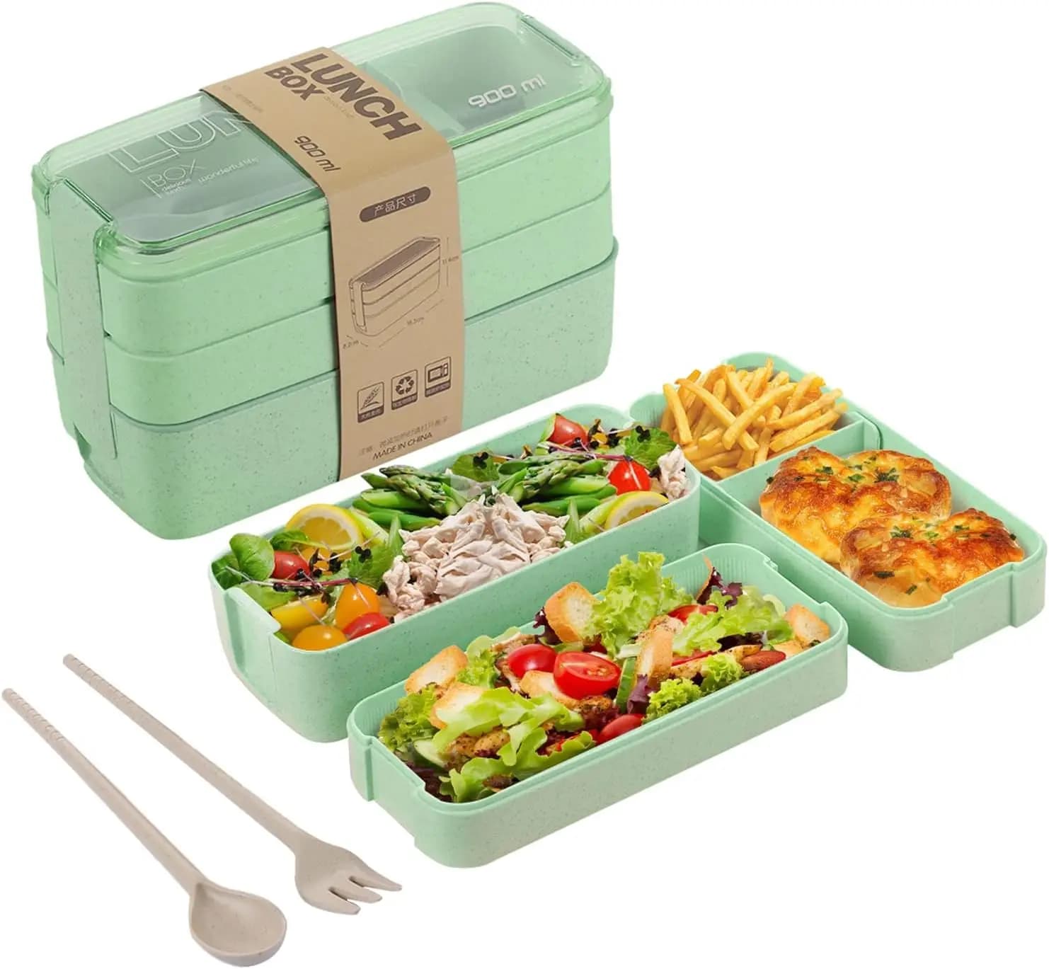 Bento Box per adulti, contenitore per la preparazione dei pasti 3 in 1, contenitore per il pranzo da 900 ml con scomparto, paglia di grano, a prova di perdite, cucchiaio e forchetta