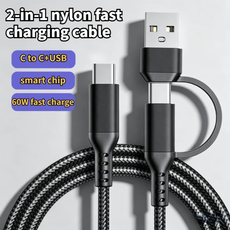 Cavo di ricarica due-in-uno da 60W da USB-C a USB-C, adatto per cellulari e tablet, cavo dati per ricarica rapida.