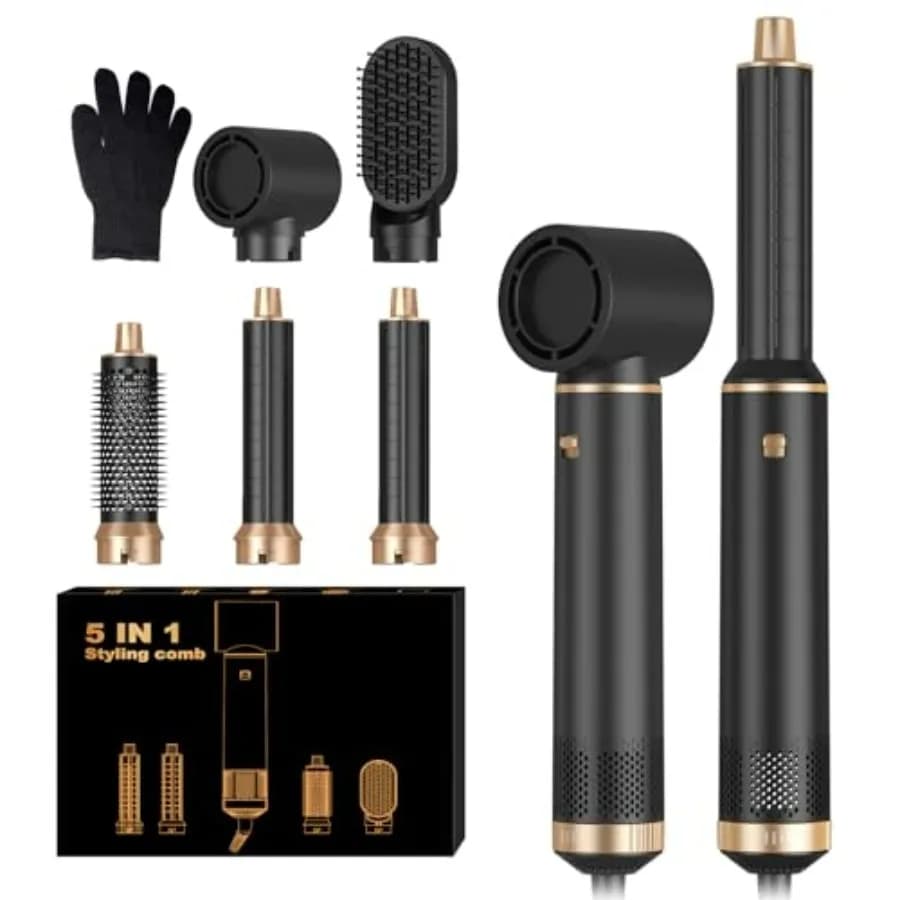 Set di spazzole per asciugacapelli 5 in 1 per capelli lisci/arricciati/asciutti/lisciante, rivestimento in ceramica, oro rosa, tecnologia a ioni negativi per capelli crespi