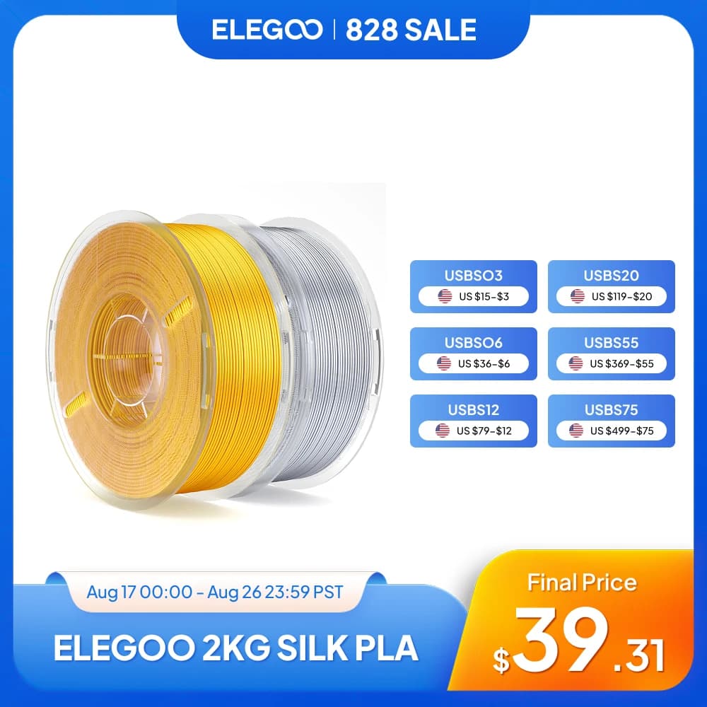 ELEGOO 2KG Silk PLA Filament 1.75mm Shiny 3D Printer Filament for FDM 3D Printers Elegoo PLA for Elegoo Centauri Carbon