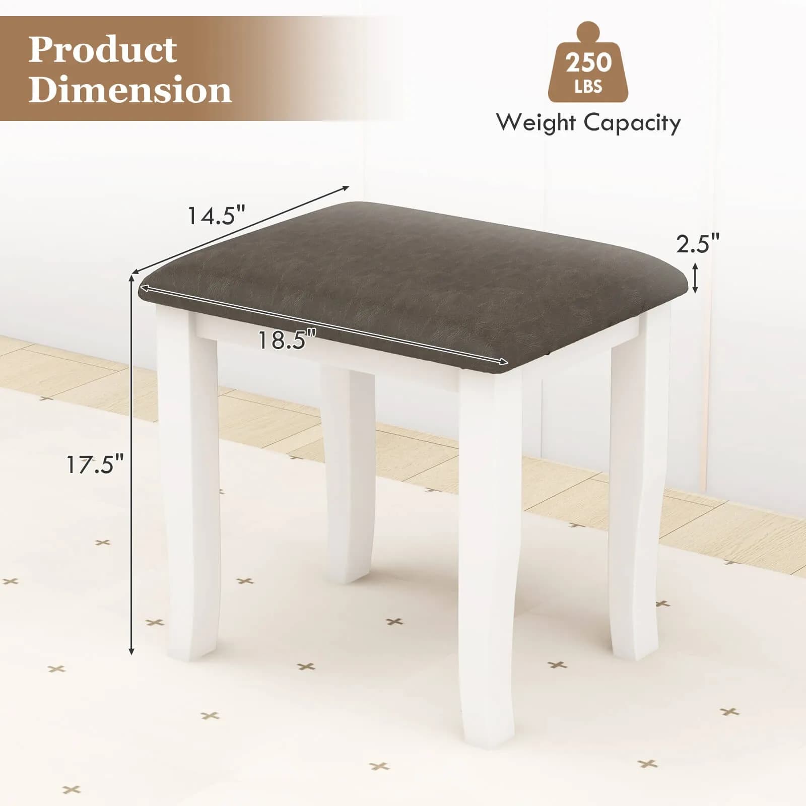 2PCS Vanity Stool Chair Solid Wood Ottoman Set w/Padded Seat Cushion Gray
