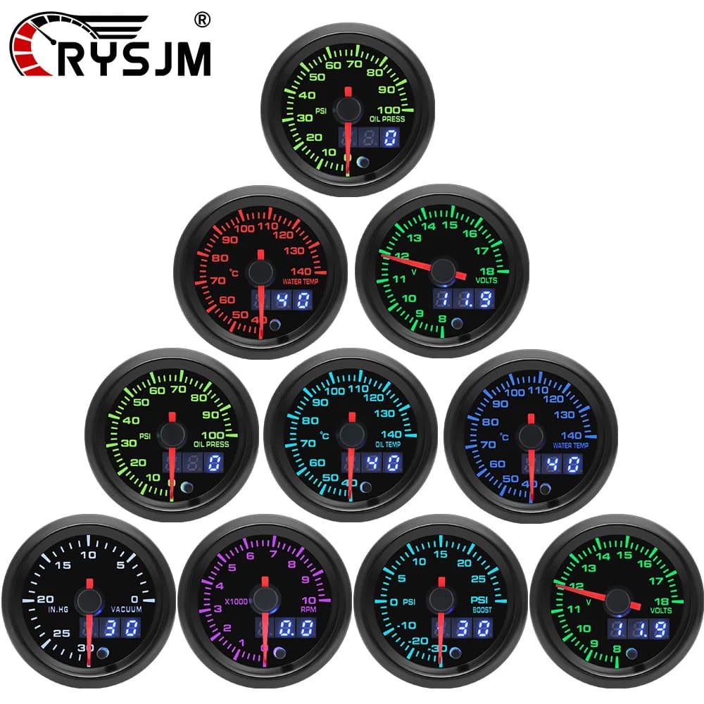 2 "52mm 7 colori LED doppio display Boost PSI/Temperatura dell'acqua/Temperatura dell'olio/Pressione dell'olio/Voltmetro/Tachometro RPM VACUUM Car Gauge + Gauge Pod