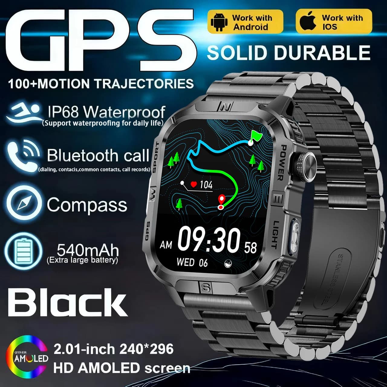 Smartwatch da uomo 2026 con schermo ultra nitido da 2.01 pollici, chiamate Bluetooth, monitoraggio della frequenza cardiaca e della salute, assistente vocale AI, impermeabile, GPS tracker e bussola