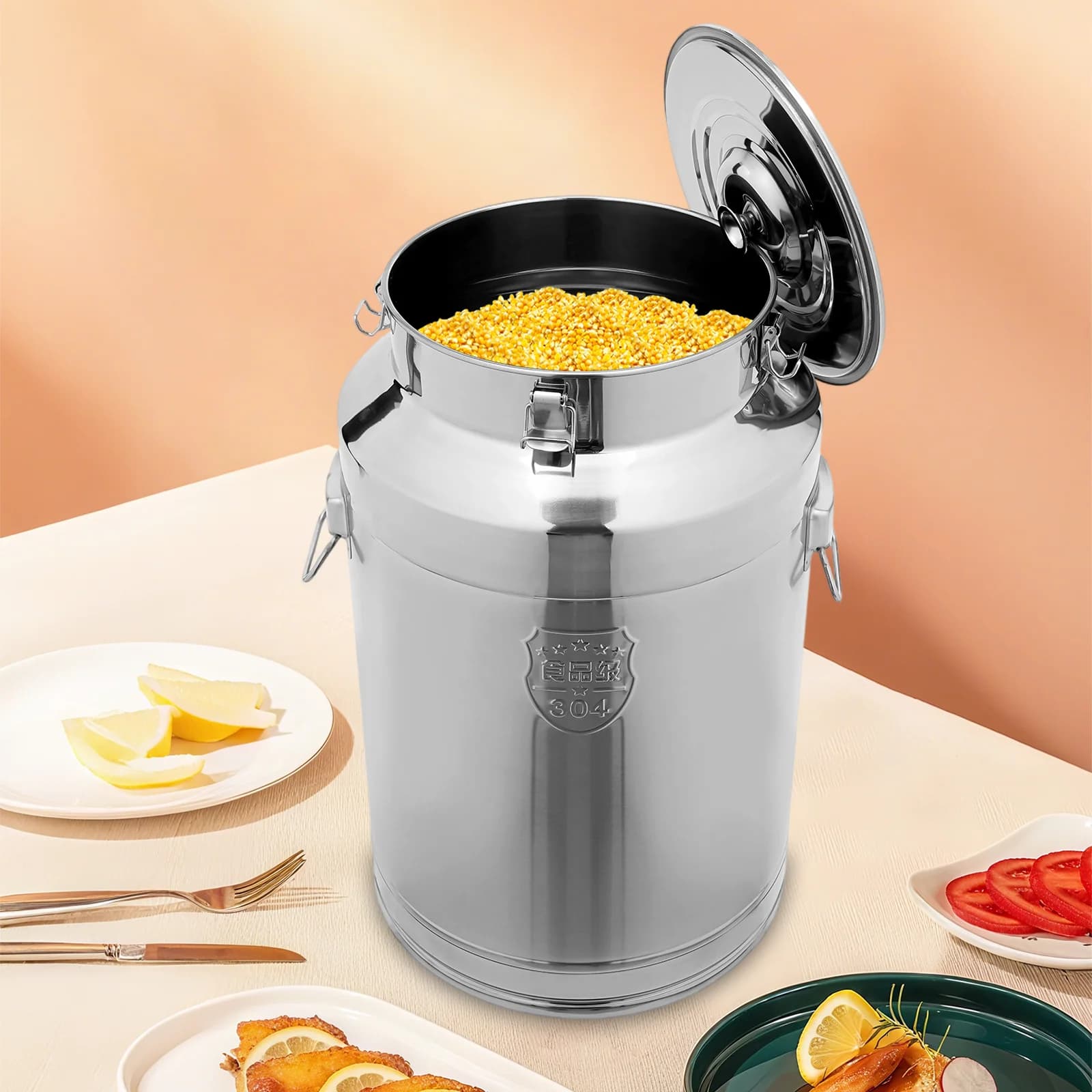 Secchio commerciale in acciaio inossidabile 304, contenitore ermetico da 20 galloni, dispenser per latte e cereali per uso alimentare con coperchio bloccabile